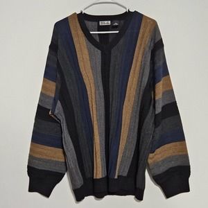 D'Avila Grandpa Sweater‎ Sz XXL Multicolor Striped V-Neck Wool Blend Raised Knit